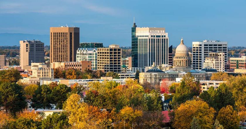 Autumn trees and the skyline of Boise Idaho